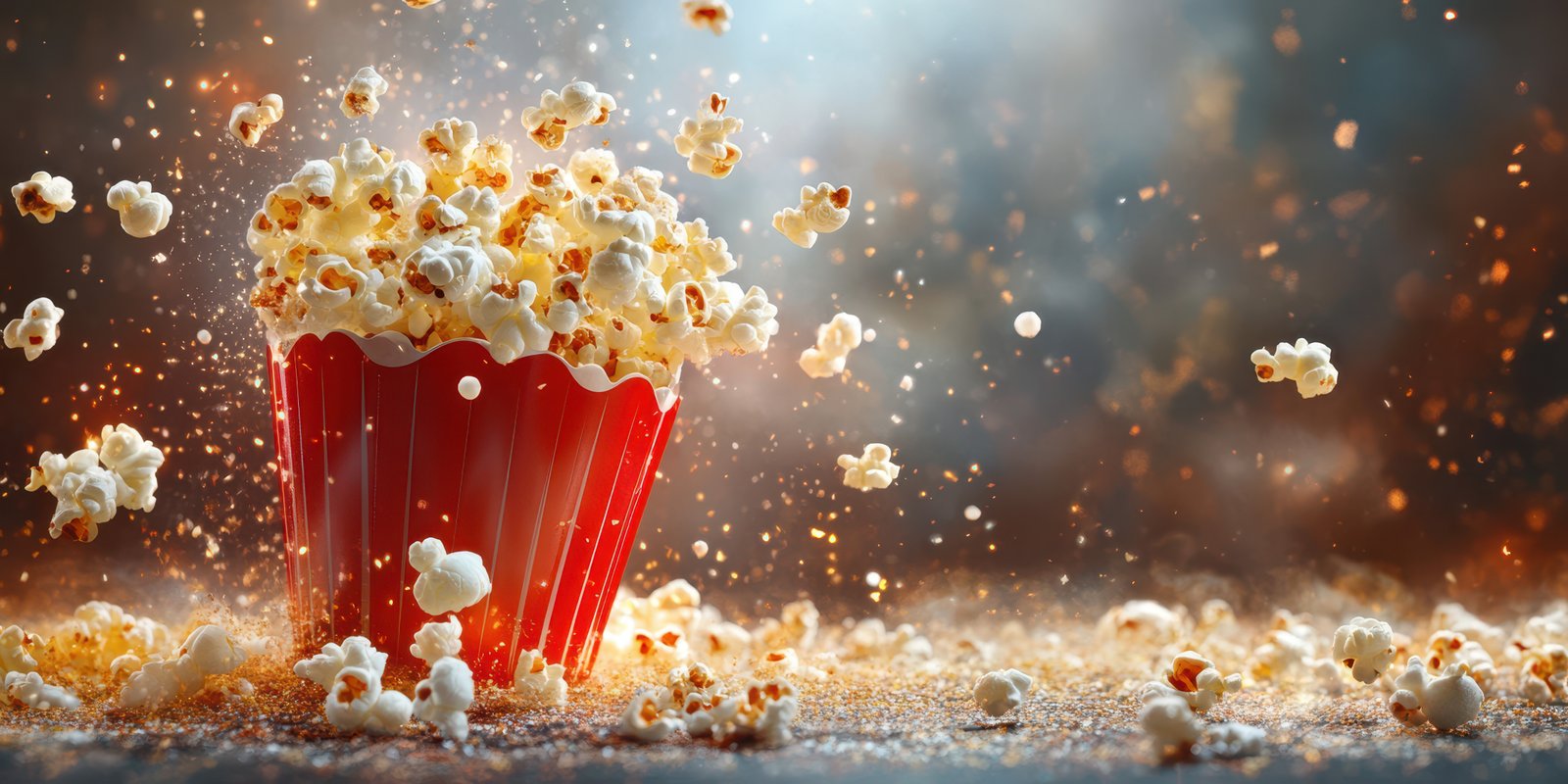 Freshly popped popcorn bursts from a red bucket in a dynamic and lively setting
